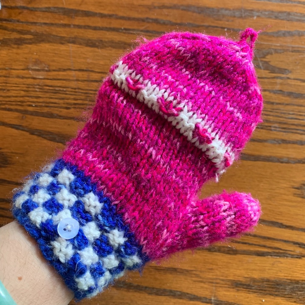 Handmade Pink Blue White Knit Convertible Glittens Mittens Gloves